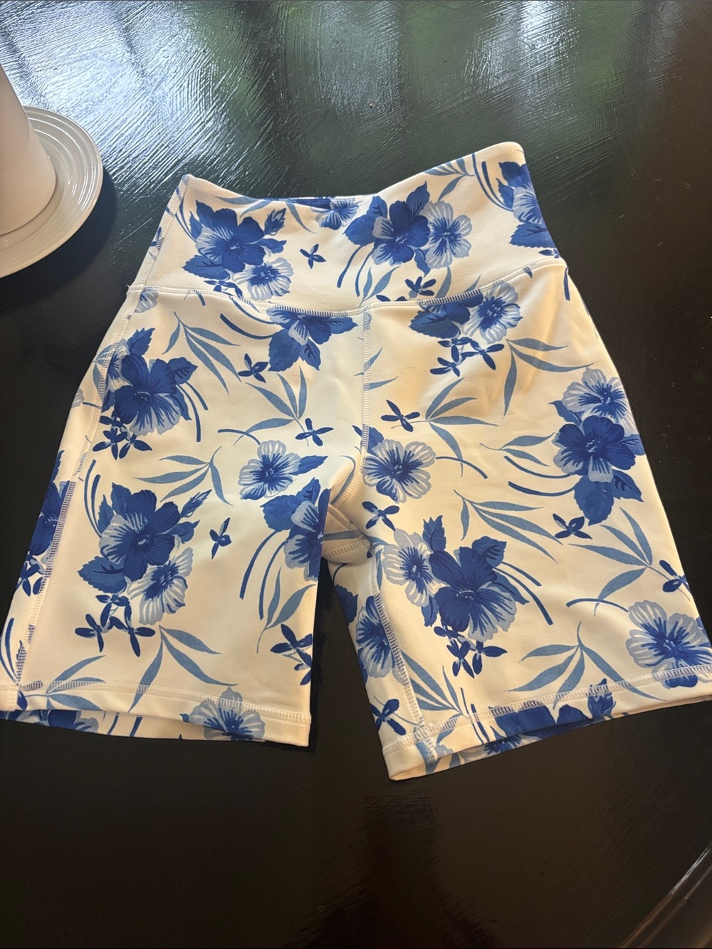 LoveShackFancy White Bike Shorts with Blue Floral Print